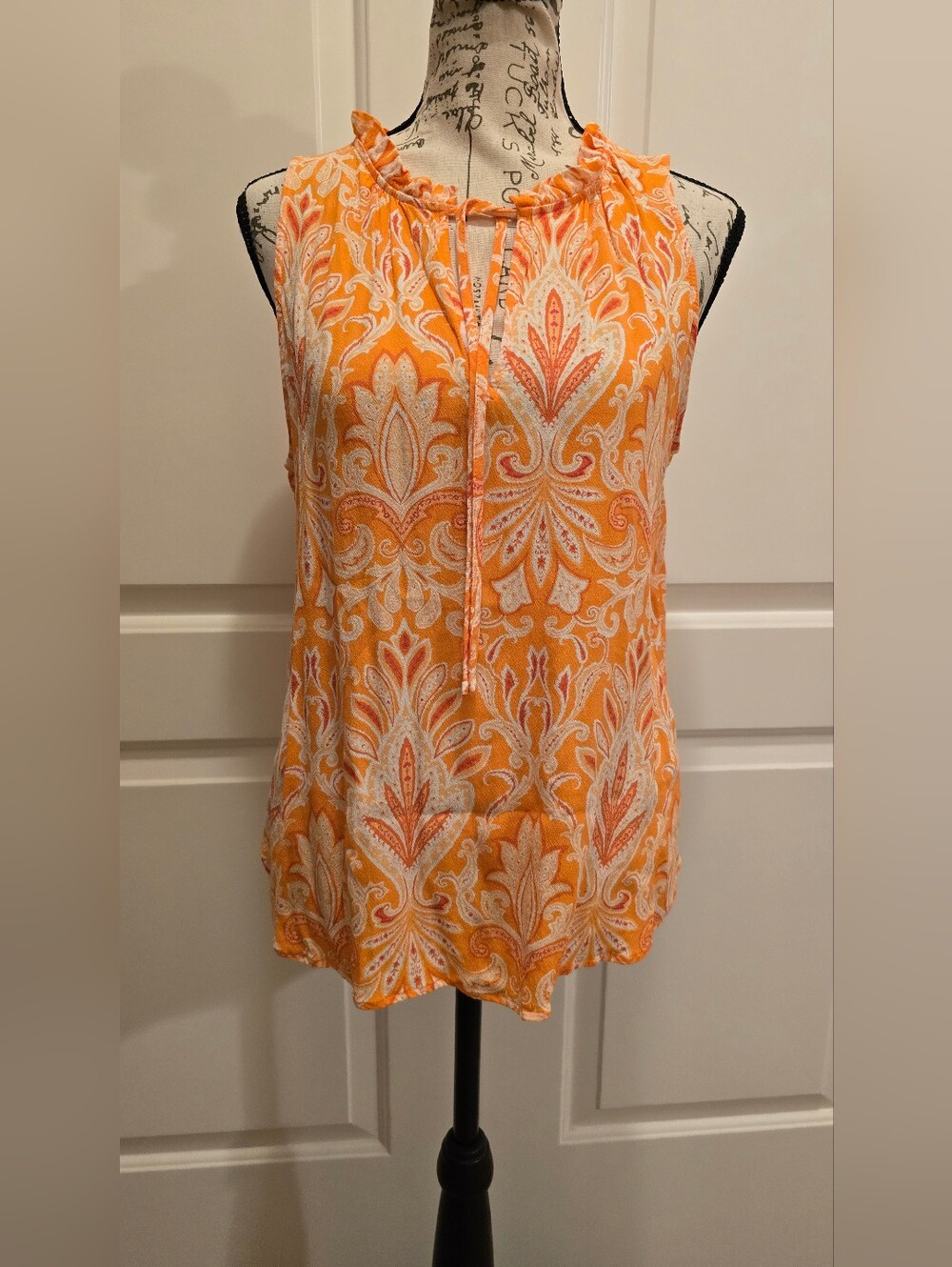 LOFT Orange Paisley Sleeveless Tie-Neck Top Small